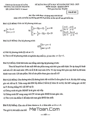 Đề thi giữa kì 2 Toán 9 năm 2022 - 2023 trường THCS Đoàn Thị Điểm - Hà Nội