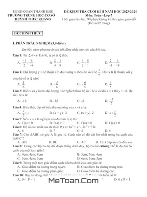 Đề thi cuối kì 2 Toán 7 năm 2023 - 2024 trường THCS Huỳnh Thúc Kháng - Đà Nẵng