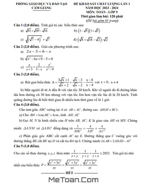 Đề khảo sát chất lượng Toán 9 lần 1 năm 2023 - 2024 phòng GD&ĐT Cẩm Giàng
