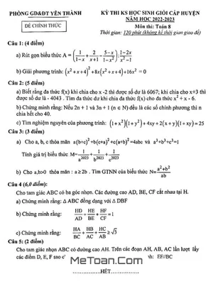 Đề thi HSG Toán 8 cấp huyện năm 2022-2023 phòng GD&ĐT Yên Thành, Nghệ An