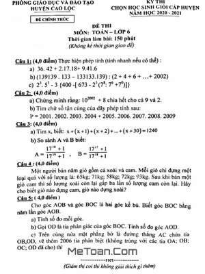 Đề thi học sinh giỏi Toán 6 năm 2020 - 2021 phòng GD&ĐT Cao Lộc - Lạng Sơn