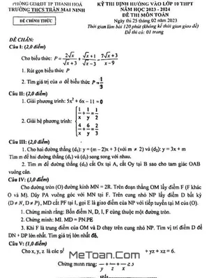 Đề Toán định hướng vào 10 năm 2023 – 2024 trường THCS Trần Mai Ninh – Thanh Hóa