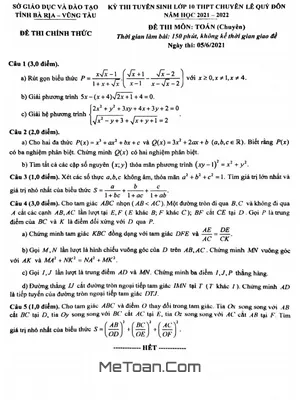Đề thi vào 10 chuyên Toán trường THPT Chuyên Lê Quý Đôn - Bà Rịa Vũng Tàu năm 2021 - 2022