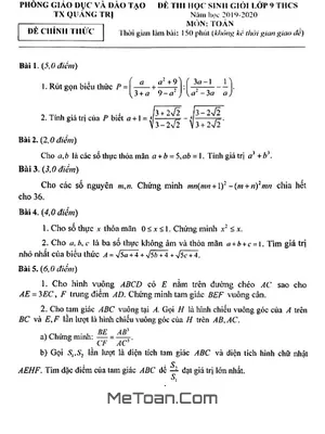 Đề thi học sinh giỏi Toán 9 năm 2019 - 2020 phòng GD&ĐT Thị xã Quảng Trị