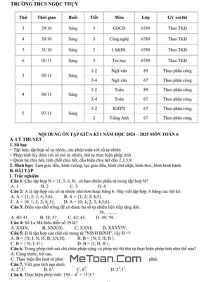 Đề cương ôn tập giữa kì 1 Toán lớp 6 năm 2024 - 2025 trường THCS Ngọc Thụy - Hà Nội