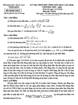 Đề Thi Tuyển Chọn Học Sinh Giỏi Tỉnh Vĩnh Long Môn Toán THCS Năm 2025-2026 Chính Thức