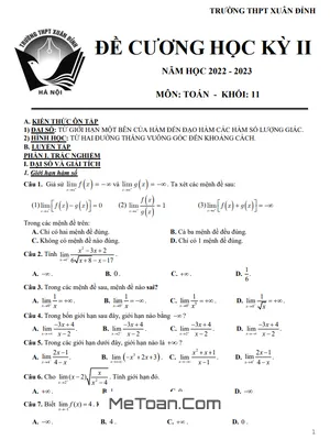 Đề Cương Ôn Tập Học Kỳ 2 Toán 11 Năm 2022 - 2023 Trường THPT Xuân Đỉnh - Hà Nội
