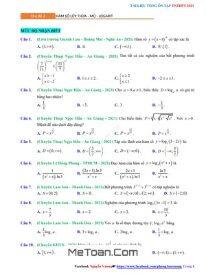 Ôn tập Toán thi THPT 2021: Hàm số lũy thừa, mũ và logarit