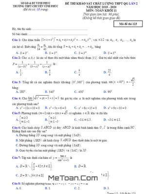 Đề KSCL Toán 11 thi THPT QG 2020 lần 2 trường THPT chuyên Vĩnh Phúc
