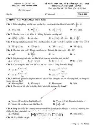 Đề Minh Họa Cuối Kỳ 1 Toán 10 Năm 2023 - 2024 Trường THPT Hướng Hóa - Quảng Trị