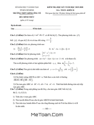Đề thi học kì 1 Toán 10 năm 2019 - 2020 trường Giồng Ông Tố - TP HCM
