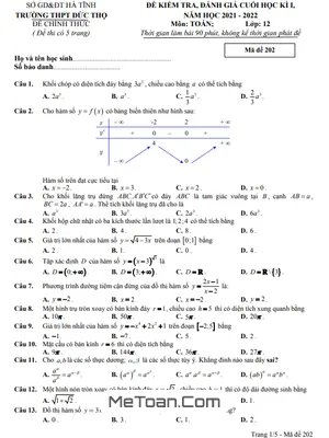 Đề thi học kì 1 Toán 12 năm 2021 - 2022 trường THPT Đức Thọ - Hà Tĩnh (có đáp án)