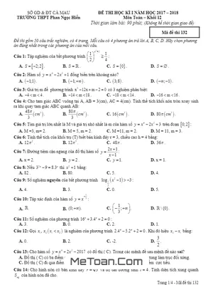 Đề thi HK1 Toán 12 năm học 2017 - 2018 trường THPT Phan Ngọc Hiển - Cà Mau (có đáp án)