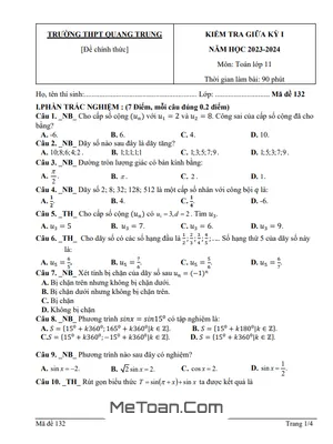 Đề thi giữa kỳ 1 Toán 11 năm 2023 - 2024 trường THPT Quang Trung - Quảng Ngãi