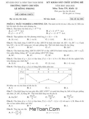 Đề khảo sát hè Toán 12 năm 2024 - 2025 trường chuyên Lê Hồng Phong - Nam Định