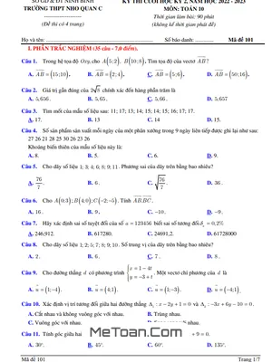 Đề Thi Cuối Kỳ 2 Toán 10 Năm 2022 - 2023 Trường THPT Nho Quan C - Ninh Bình