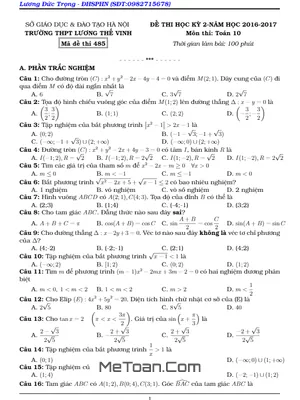 Đề thi HK2 Toán 10 năm học 2016 - 2017 trường THPT Lương Thế Vinh - Hà Nội (Có đáp án)