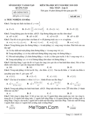 Đề thi HK1 Toán 11 năm học 2019 - 2020 sở GD&ĐT Quảng Nam