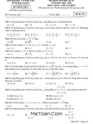 Đề thi học kỳ 2 Toán 12 năm 2022 - 2023 sở GD&ĐT Hậu Giang có đáp án