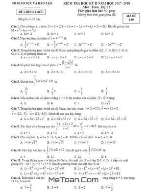 Đề thi HK2 Toán 12 năm 2017 - 2018 sở GD&ĐT Bình Dương [Có đáp án]