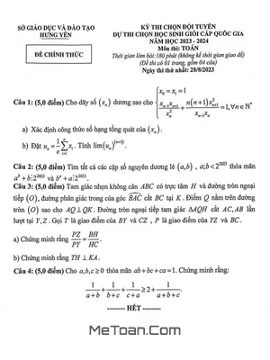 Đề chọn đội tuyển thi HSG QG môn Toán năm 2023 - 2024 sở GD&ĐT Hưng Yên