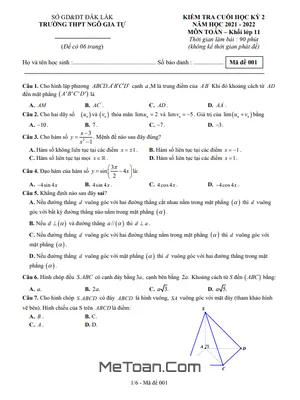 Đề thi HK2 Toán 11 năm 2021 - 2022 trường THPT Ngô Gia Tự - Đắk Lắk