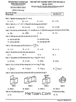 Đề thi thử tốt nghiệp THPT 2021 môn Toán sở GD&ĐT Thái Nguyên (Đợt 1) - Mã đề 117