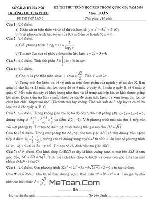 Đề thi thử THPT Quốc gia 2016 môn Toán - Trường THPT Đa Phúc - Lần 2