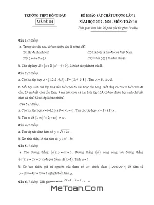 Đề KSCL Toán 10 Lần 1 Năm 2019 - 2020 Trường THPT Đồng Đậu - Vĩnh Phúc (Có Lời Giải)