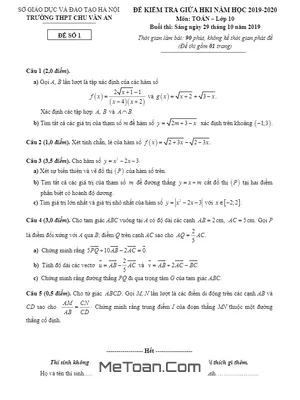 Đề kiểm tra giữa HK1 Toán 10 năm 2019 – 2020 trường Chu Văn An – Hà Nội