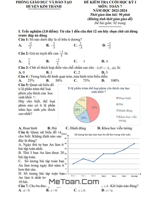 Đề thi học kì 1 Toán 7 năm 2023 - 2024 phòng GD&ĐT Kim Thành - Hải Dương