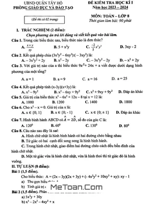Đề Thi Học Kì 1 Toán 8 Năm 2023 - 2024 Phòng GD&ĐT Tây Hồ - Hà Nội