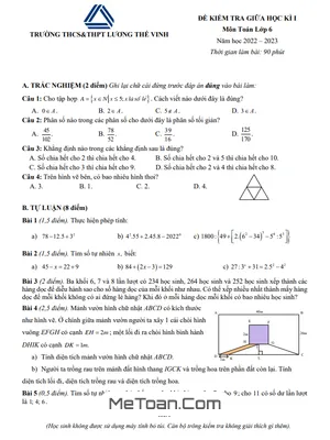 Đề thi giữa học kì 1 Toán lớp 6 năm 2022 - 2023 trường Lương Thế Vinh - Hà Nội