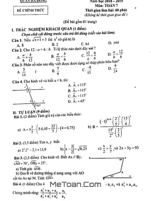 Đề khảo sát chất lượng giữa HK1 Toán 7 năm 2018 - 2019 phòng GD&ĐT Hà Đông