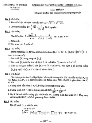 Đề thi HK1 Toán 9 năm học 2019 – 2020 sở GD&ĐT Thái Bình