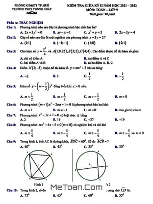 Đề thi giữa kì 2 Toán 9 năm 2021-2022 trường THCS Thống Nhất - TT Huế
