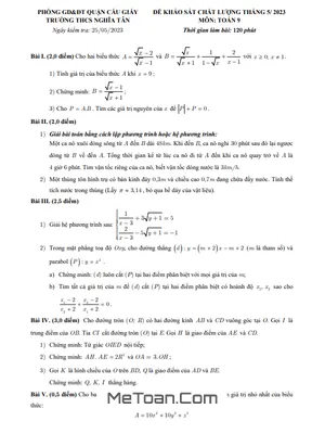 Đề khảo sát Toán 9 tháng 5 năm 2023 trường THCS Nghĩa Tân – Hà Nội