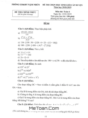 Đề thi HSG huyện Toán 6 năm 2018-2019 phòng GD&ĐT Nậm Nhùn - Lai Châu