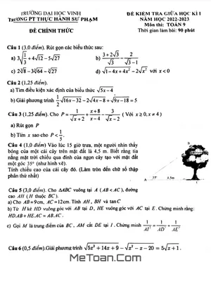 Đề thi giữa kì 1 Toán 9 năm 2022 - 2023 trường PT Thực hành Sư phạm - Nghệ An