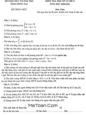 Đề thi học kì 2 môn Toán lớp 9 năm 2020 - 2021 Sở GD&ĐT Đồng Nai