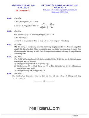 Đề Thi Tuyển Sinh Lớp 10 Môn Toán Năm 2022 - 2023 Sở GD&ĐT Ninh Thuận