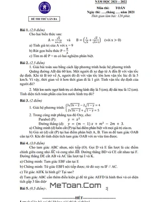 Đề thi thử Toán vào lớp 10 năm 2021 - 2022 lần 3 trường Nguyễn Công Trứ - Hà Nội