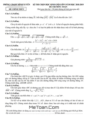 Đề thi học sinh giỏi Toán 9 năm 2018 - 2019 phòng GD&ĐT Bình Xuyên - Vĩnh Phúc