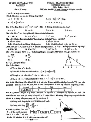 Đề thi học kỳ 1 Toán 8 năm 2024 - 2025 sở GD&ĐT Bắc Ninh (có đáp án)