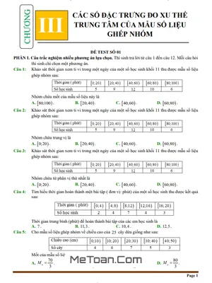 Tuyển Tập Đề Kiểm Tra: Số Đặc Trưng Đo Xu Hướng Trung Tâm Mẫu Số Liệu Ghép Nhóm Toán 11
