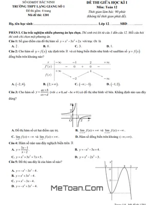 Đề Thi Giữa Kì 1 Toán 12 Năm Học 2025 - 2026 THPT Lạng Giang 1 Bắc Ninh (Có Đáp Án)