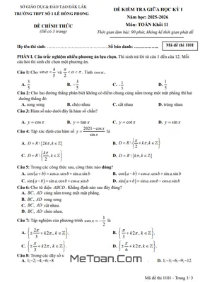 Đề thi giữa kì 1 Toán 11 năm 2025 – 2026 trường THPT Lê Hồng Phong 1 – Đắk Lắk (kèm Đáp án chi tiết)