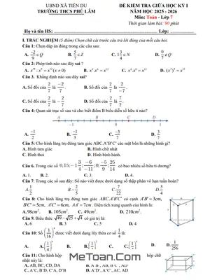 Tải Đề Thi Giữa Học Kỳ 1 Toán 7 Năm 2025 - 2026 Trường THCS Phú Lâm, Bắc Ninh (Có Đáp Án)