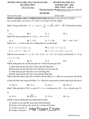 Đề Thi Học Kỳ 1 Toán 8 Năm Học 2025 – 2026 Trường Thực Hành Sài Gòn