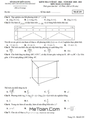 Đề thi HK1 Toán 12 cơ bản năm 2020 – 2021 trường chuyên Huỳnh Mẫn Đạt – Kiên Giang